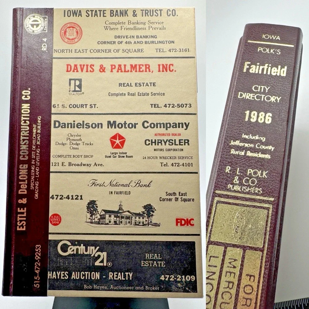 1986 Fairfield Iowa City Business Directory HC Book Phone Advertisements Ads Vtg